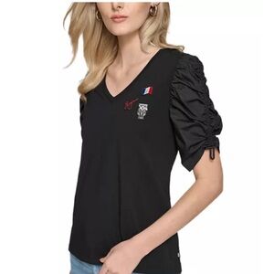 Karl Lagerfeld Black V-Neck Top with Ruched Sleeves